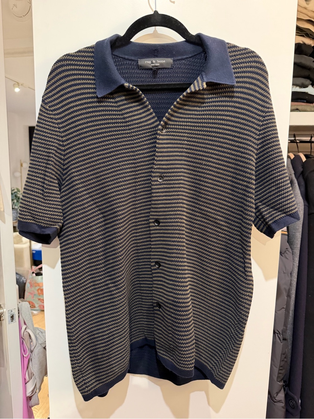 rag & bone Navy and Tan Short-Sleeve Button-Down Knit Shirt
